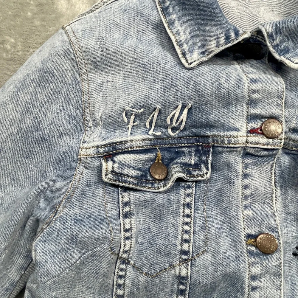 Zara Girls Embroidered Denim Jacket Light Wash Floral Bee Ladybug‎ Blue Size 14